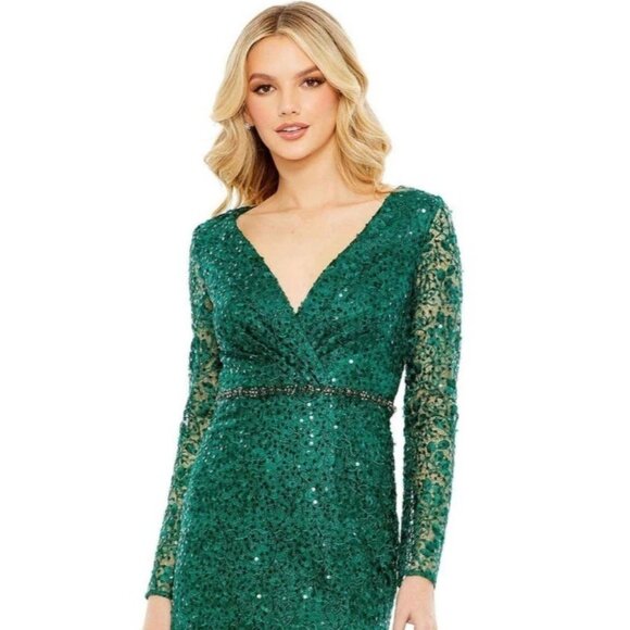 Mac Duggal Emerald Embellished Wrap Over Long Sleeve Evening Gown  style 68016 - Picture 1 of 10
